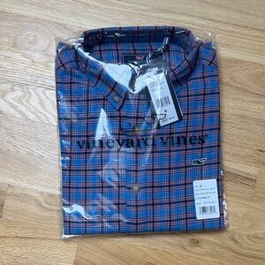 Vineyard Vines Men's Red and Blue Check Flannel Whale Shirt